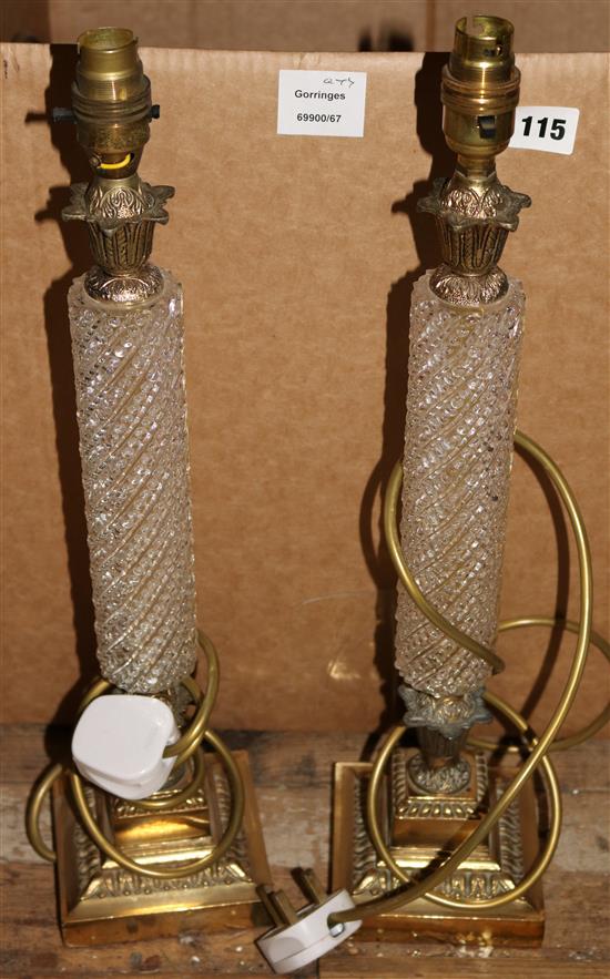 Pair glass and gilt metal table lamps, a tea caddy and sundries